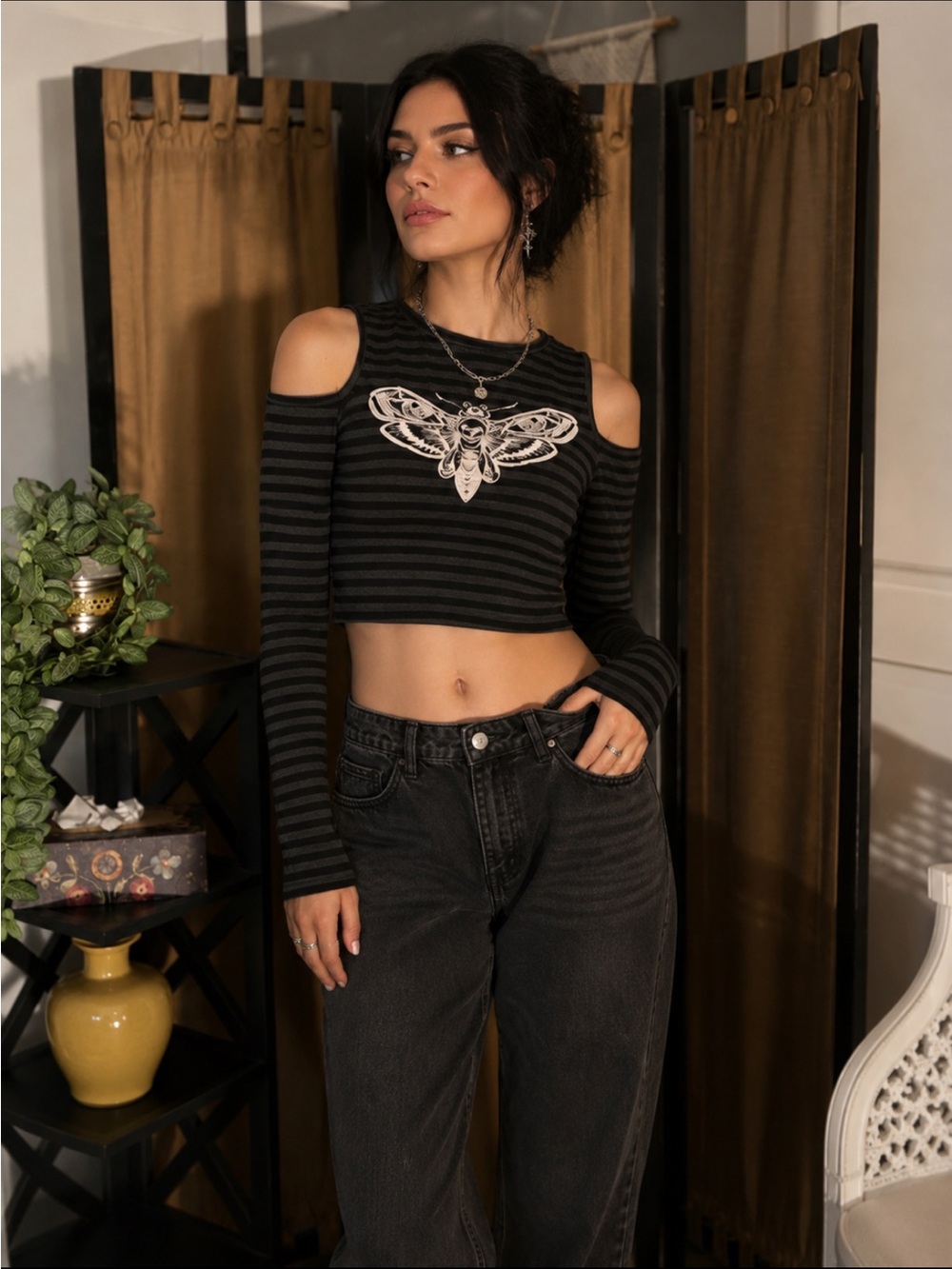 Striped Black and Gray Cold Shoulder Crop Top
